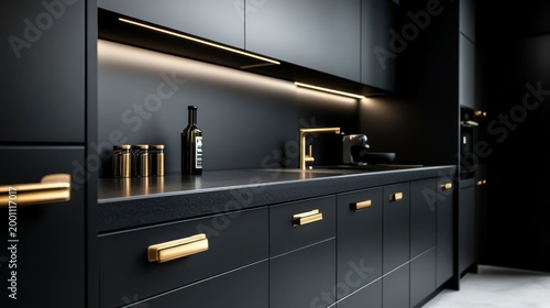 Modern Black and Gold Kitchen Sleek matte cabinets, golden hardware, illuminated by warm LED lighting. A sophisticated, luxury interior design for contemporary homes. Interior Design,