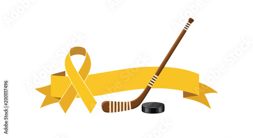 Hockey Awareness Ribbon. Gold Ribbon with Hockey Stick and Puck. Sports Graphic. Vector Illustration.