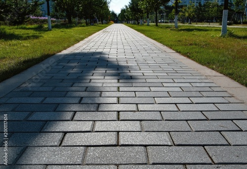 A paved pathway recedes into the distance, bordered by green grass and trees