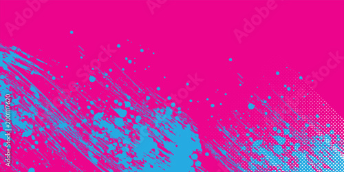 Abstract vibrant pink background featuring aggressive black paint splatters, brush strokes, and halftone textures for a bold urban grunge aesthetic
