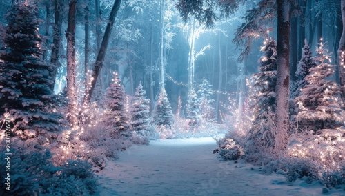 Enchanted winter forest path illuminated by festive fairy lights