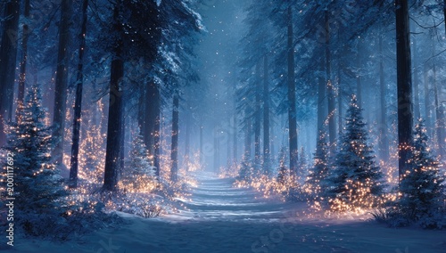 Enchanted snowy forest path adorned with glowing lights in the evening