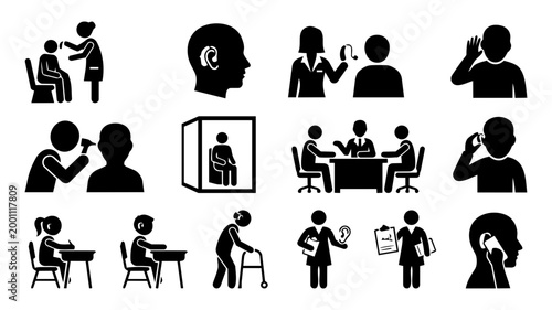 Audiology Service Icons – Hearing Care, Fitting, Consultation and Patient Silhouettes