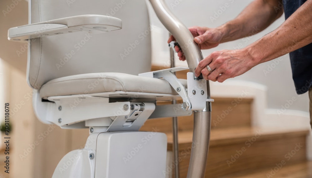 Obraz premium Curved staircase stair lift rental setup showing the fitting process in clear detail focusing on the lift chair and rail background softly blurred.
