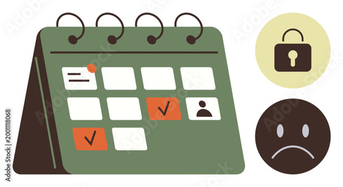 Time management, privacy concerns, productivity tracking, data protection, missed deadlines, user identity. Calendar with marked dates, lock icon unhappy face. Privacy concerns and time management