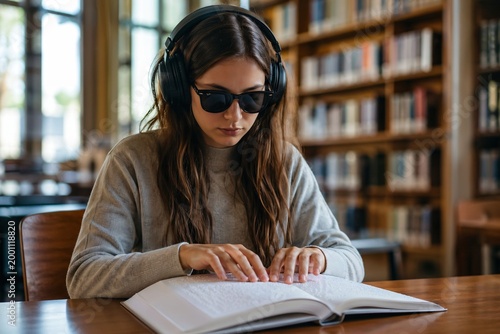 Young blind woman reading a braille book in a library and wearing headphones. Dark sunglasses. Blindness. Visually impaired. Active life. Reading Braille with hand. Education. Student. Generative AI