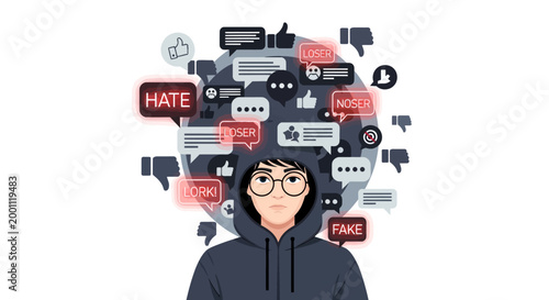 An illustration shows a hooded figure surrounded by speech bubbles containing hateful messages and downvote icons against a white background, depicting cyberbullying with a somber