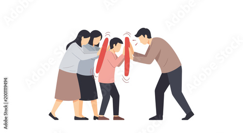 Isolated on white, a family confronts their son, possibly indicating bullying, with the parents flanking their child while another adult figure faces him, creating a tense