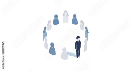 Isometric illustration depicting a lone individual standing isolated within a circle of figures, set against a stark white background, creating a somber mood that highlights the theme