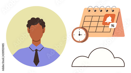 Time management, business organization, project planning, digital scheduling, deadlines, productivity. Profile of a person, calendar with reminder clock and cloud. Time management and business