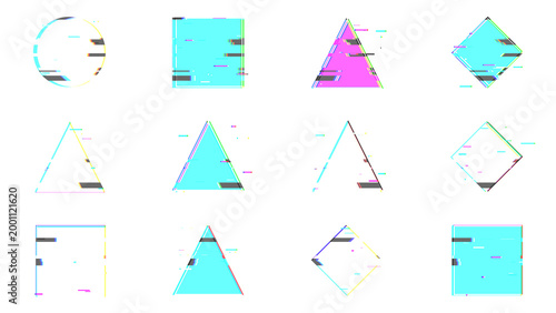 Set of glitch effect geometric shapes with transparent background.