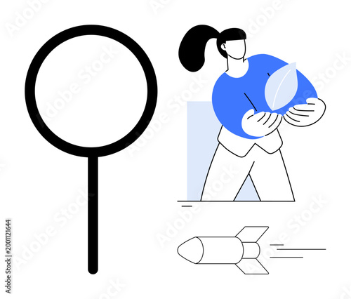 Sustainability, environmental care, innovation, exploration, growth, new ideas. Person holding a leaf, magnifying glass and rocket symbol. Sustainability and exploration concept