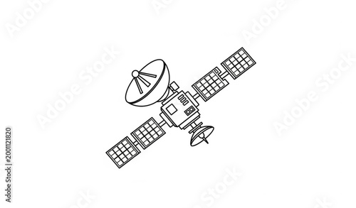 Minimalist communication satellite vector icon with solar panels and dish antenna for technology and space designs