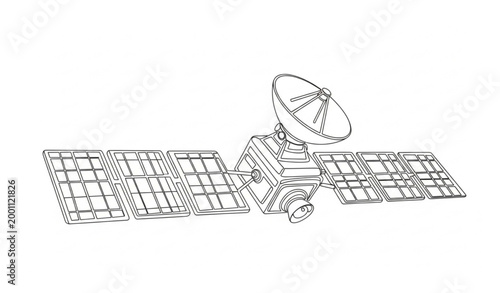 Continuous line communication satellite vector illustration with solar panels and dish antenna for space and tech artwork