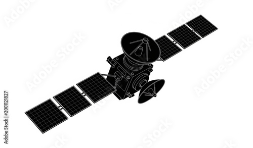 Communication satellite vector silhouette with solar panels and dish antenna for aerospace and space technology illustrations