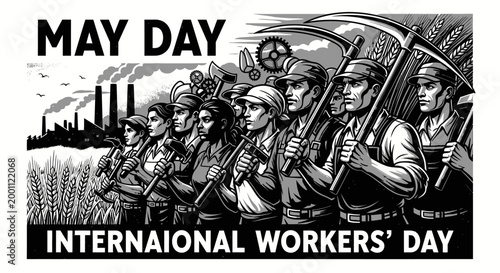 Powerful illustration showcasing the collective strength and solidarity of working-class individuals, commemorating global labor history and industrial progress