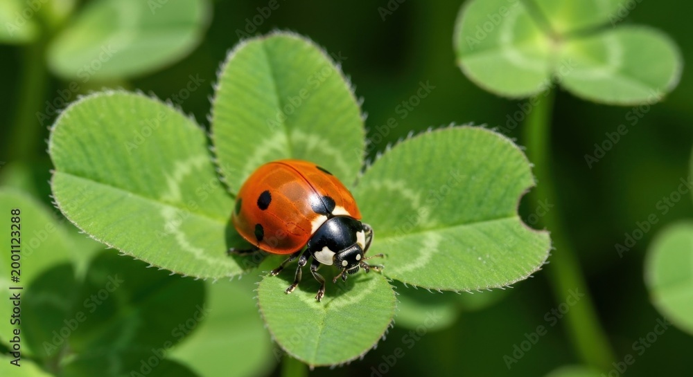 Obraz premium Ladybug perched on a vibrant clover leaf