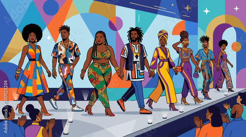 This flat design illustrates the vibrant fashion and style showcase at the Essence Festival, featuring diverse individuals confidently walking a minimalist runway.