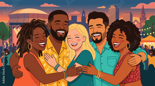 This flat design portrays the heartfelt spirit of community and friendship at the Essence Festival, with diverse friends sharing laughter and embracing.