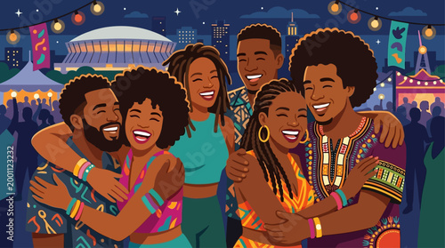 This flat design portrays the heartfelt spirit of community and friendship at the Essence Festival, with diverse friends sharing laughter and embracing.