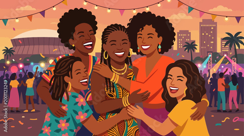 This flat design portrays the heartfelt spirit of community and friendship at the Essence Festival, with diverse friends sharing laughter and embracing.