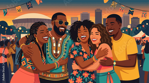 This flat design portrays the heartfelt spirit of community and friendship at the Essence Festival, with diverse friends sharing laughter and embracing.