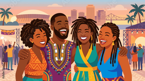 This flat design portrays the heartfelt spirit of community and friendship at the Essence Festival, with diverse friends sharing laughter and embracing.