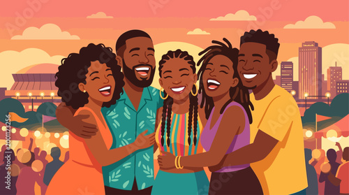 This flat design portrays the heartfelt spirit of community and friendship at the Essence Festival, with diverse friends sharing laughter and embracing.
