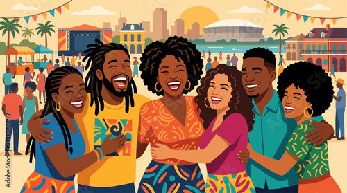 This flat design portrays the heartfelt spirit of community and friendship at the Essence Festival, with diverse friends sharing laughter and embracing.