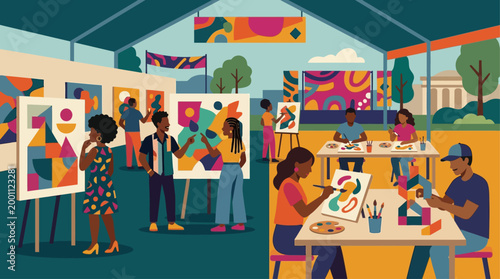 This flat design showcases the vibrant art and creativity at the Essence Festival, with diverse attendees engaging with unique artworks and hands-on activities.