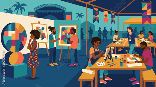 This flat design showcases the vibrant art and creativity at the Essence Festival, with diverse attendees engaging with unique artworks and hands-on activities.
