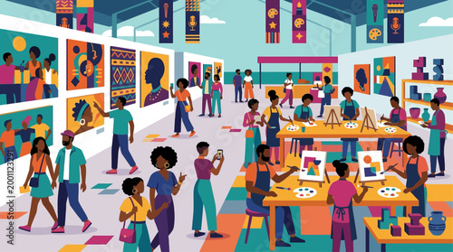 This flat design showcases the vibrant art and creativity at the Essence Festival, with diverse attendees engaging with unique artworks and hands-on activities.
