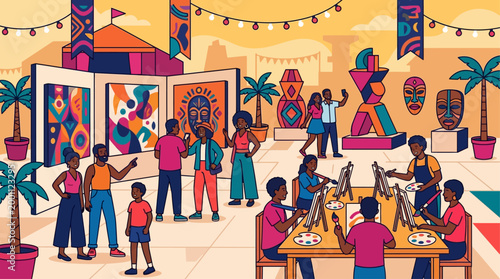 This flat design showcases the vibrant art and creativity at the Essence Festival, with diverse attendees engaging with unique artworks and hands-on activities.