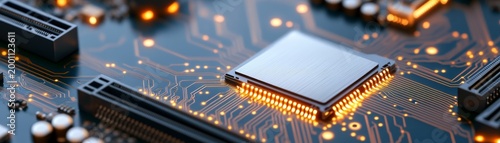 Close-up of a central, glowing microchip on a dark circuit board, illuminating orange traces. Symbolizing advanced AI, computing power and digital connectivity. ,Electronics