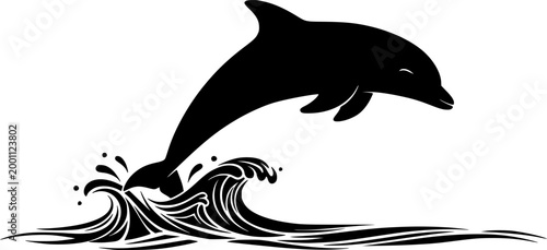Black silhouette of a pod of dolphins jumping out of wavy water Vector illustration isolated on white background
