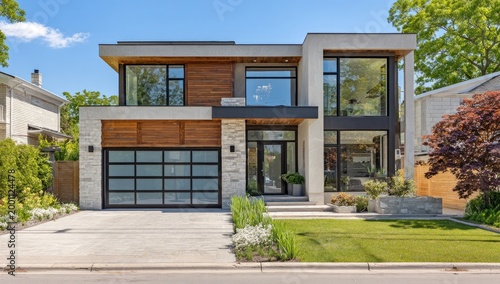 Modern multi-story residence with wood and stone facade and large windows