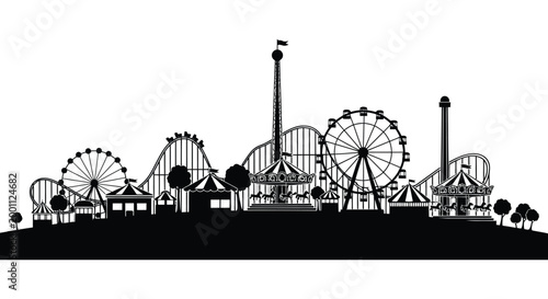 Amusement park silhouette a dramatic black and white skyline of rides and attractions
