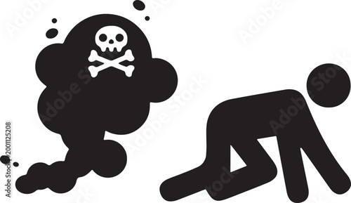 Person crawling away from toxic fumes with skull and crossbones