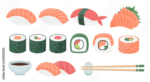Flat lay illustration of assorted sushi pieces, including nigiri, maki, and sashimi, arranged with chopsticks and soy sauce, presented in a clean, minimalist style with a bright, appetizing