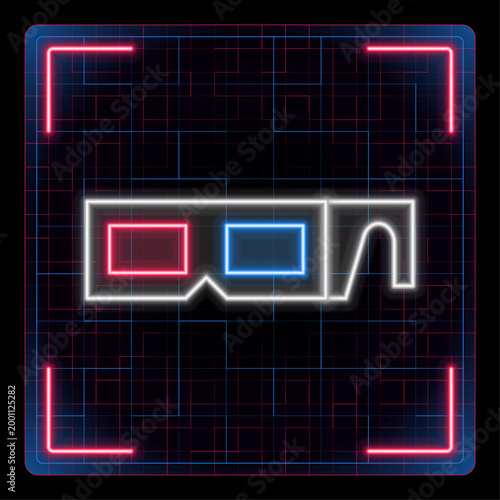 Paper 3d glasses, red and blue lenses, icon illustration. Glowing neon icon with border grid vector, editable strokes graphic style.