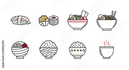A set of eight different Asian food icons is presented in a flat lay on a clean white background, featuring sushi, ramen, and rice dishes in a minimalist style with vibrant colors