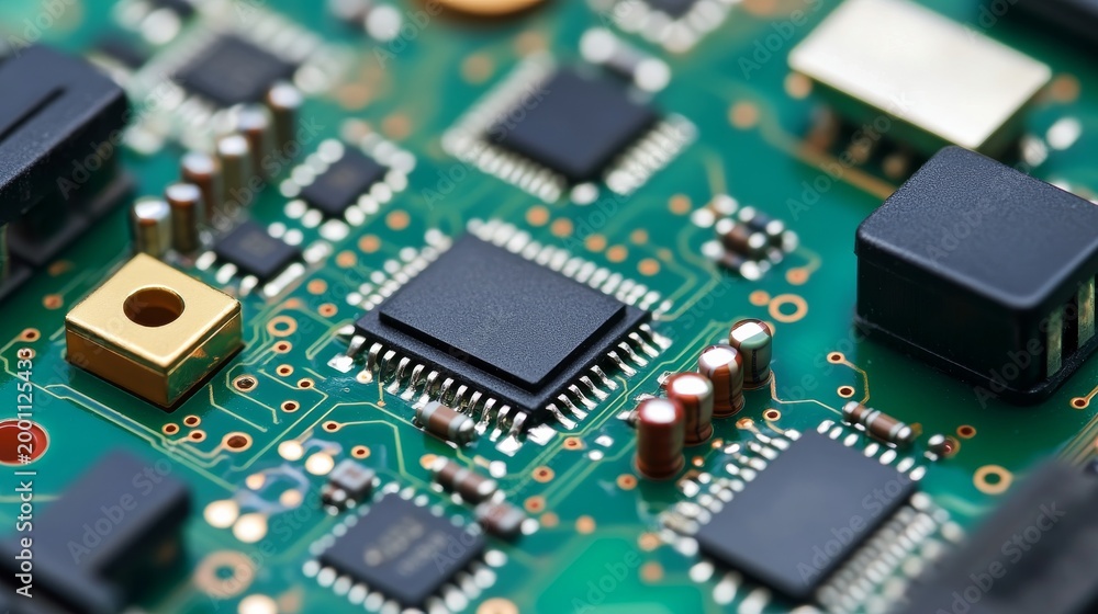 Obraz premium Macro of a vibrant green PCB, featuring sharp black microchips and diverse electronic components. Concept Intricate digital hardware and advanced computing. ,Electronics ,Engineering