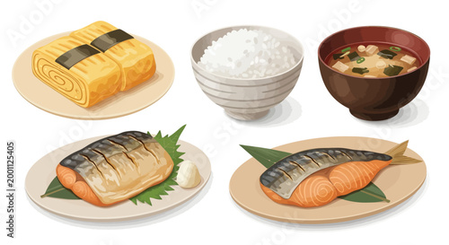 Overhead shot of a traditional Japanese breakfast set featuring grilled fish, rolled omelet with nori, rice, and miso soup arranged on individual plates against a clean white background