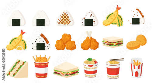 Flat vector illustration features a variety of takeaway foods including onigiri, tempura, fried chicken, sandwiches and french fries arranged against a white background, in a bright
