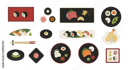 Overhead flat lay of assorted sushi and Japanese appetizers artistically arranged on various plates against a white background, offering a vibrant and colorful presentation with a clean