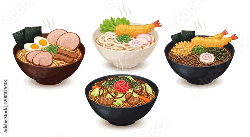Illustration of four bowls of Asian noodle soups, including ramen, udon, and soba, arranged on a white background with vibrant colors and a detailed, cartoon-like style