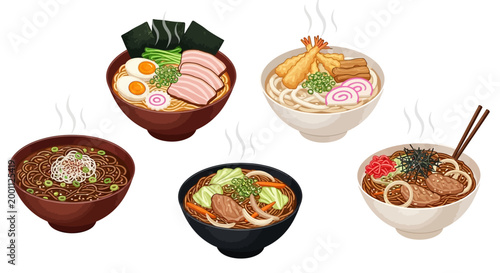 Illustration showcasing five bowls of steaming, diverse ramen noodle soups with various toppings like eggs, meat, and vegetables, set against a clean white background in a vibrant, colorful