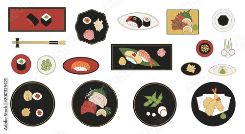 Flat lay illustration features an assortment of sushi and sashimi served on various plates and dishes, all presented against a stark white background with a clean and minimalist aesthetic