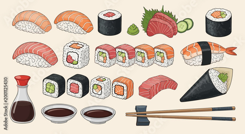 Overhead view of a diverse sushi arrangement, including nigiri, maki, and sashimi, presented with soy sauce and chopsticks on a beige surface, rendered in a hand-drawn style with distinct
