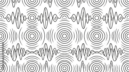 Abstract seamless pattern of sound waves and concentric circles, representing audio and resonance in black and white